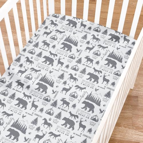 Camping Animals Fitted Baby Crib Sheets Girl Boy 52"x28" Outdoor Adventure Crib Mattress Covers Bear Elk Horse Moose Fox Trees Mountain Baby Sheet for Standard Crib and Toddler Mattress