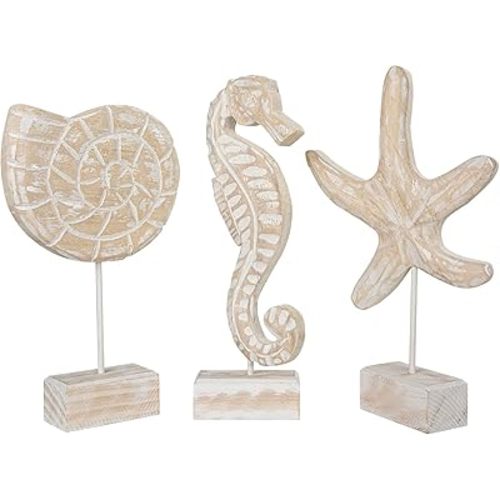 Wooden Coastal Beach Decor Handmade Conch Seahorse Starfish Statue for Home Room Nautical Ocean Decor