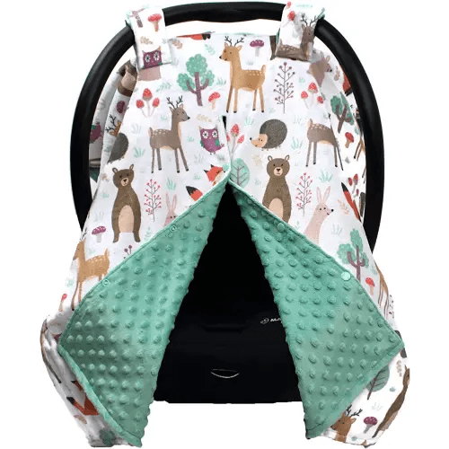 Dear Baby Gear Deluxe Infant Car Seat Canopy (Forest Woodland Animals/Mint Green Minky Dot 40"x30")