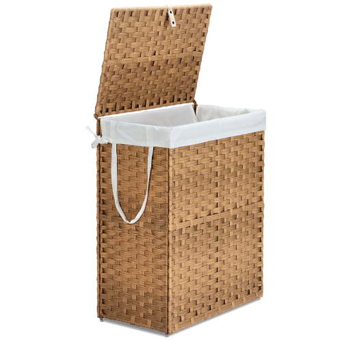 JIOABL Laundry Hamper with Lid, 90L Clothes Hamper with Removable Liner Bags, Synthetic Rattan Laundry Basket for Clothes Toys in Bathroom Bedroom