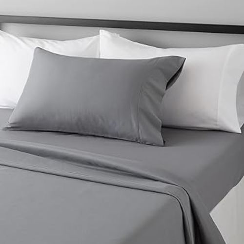Amazon Basics Lightweight Super Soft Easy Care Wrinkle Free Microfiber 3 Piece Bed Sheet Set with 14-Inch Deep Pockets, Twin, Dark Gray, Solid, Kids, Men & Women Bedding