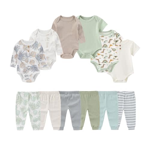 BABYSOLIS Four Seasons Baby Layette Sets 12 Pack Unisex Infant Boys Girls Pants and Long/Short Sleeve Bodysuits