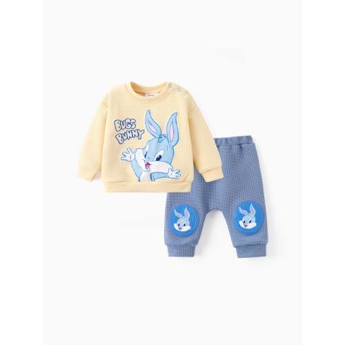 Looney Tunes Baby Boy 2pcs Character Embroidered Long-sleeve Knitted Top And Pants Set Blue