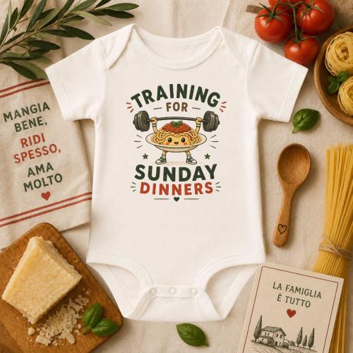 Training for Sunday Dinners Infant Bodysuit, Funny Pasta Baby Bodysuit, Training for Sunday Dinner, Spaghetti Baby Outfit, Italian Baby Gift