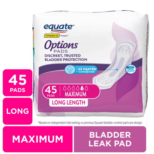 Equate Options Women's Incontinence Pads, Maximum Absorbency, Long Length, 45 Count
