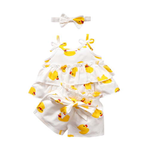 Hiijoy Infant Girls Summer Duck Prints Sleeveless Ruffles Camisole Shorts with Headband
