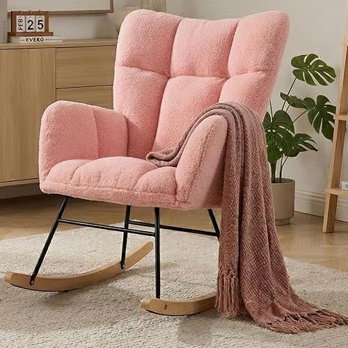 Nursery Rocking Chair, Teddy Upholstered Glider Chair with Thick Cushion, Tufted Gliding Rocker Chair with Wood Leg, Cozy Rocking Armchair, Accent Rocking Chair for Living Room (Pink)