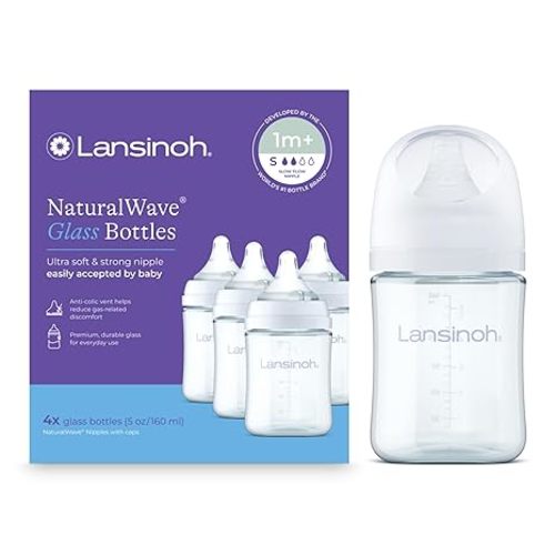Lansinoh Glass Baby Bottles, Anti-Colic, White, 5oz, 4 Count, with Slow Flow Nipples (Size S, 1-3 Months), Baby Feeding Essentials