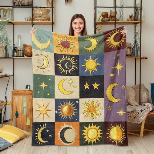 Sun and Moon Throw Blanket, Bohemian Soft Cozy and Warm Couch Blankets Gift for Sun and Moon Lover, Decorative Blankets for Sofa Couch Bed, Dark Brown 40×50 inches