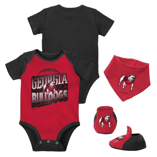 Georgia Bulldogs Mitchell & Ness Infant 3-Pack Bodysuit, Bib and Bootie Set - Black/Red