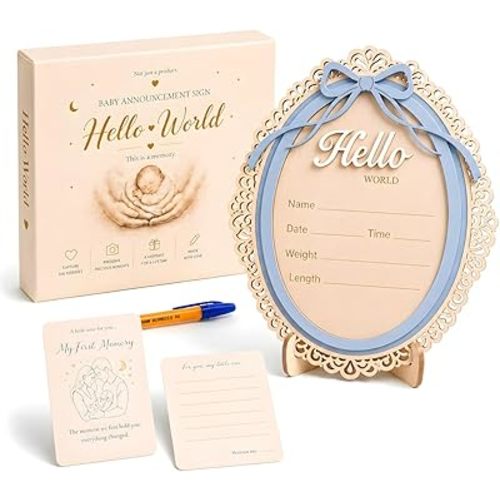 Baby Announcement Sign – Hello World Newborn Sign in 3D Wood with Soft Blue Bow Accent & Delicate Vintage Frame Lace Details for Hospital Photos, Nursery Décor & Baby’s First Precious Moments