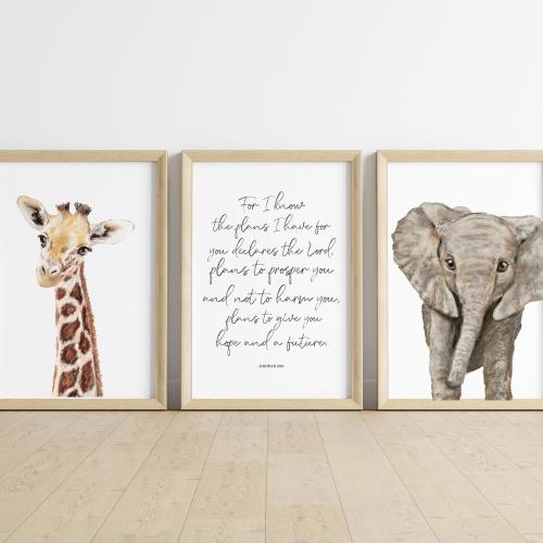 Jeremiah 29:11 Safari Theme Nursery Art Print Set of 3 Bible Verse Nursery Wall Decor Set Scripture Kids Playroom Art Jungle Nursery