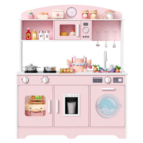 Hiphuta Kids Play Kitchen, Wooden Kids Kitchen Play Set with 11 Pcs Accessorie, Kitchen Set for Ages 4-12, Wooden Toddler Toy Kitchen, Pink