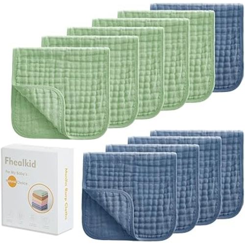 Muslin Burp Cloths Sets Newborn Baby Boy Essentials Must Haves 100% Cotton 10 Pack 20" X 10",6-Layer Baby Bibs & Burp Cloths for Baby Drool and Messes - Soft (BLUEGREEN03, 10 - Pack 20"X10")