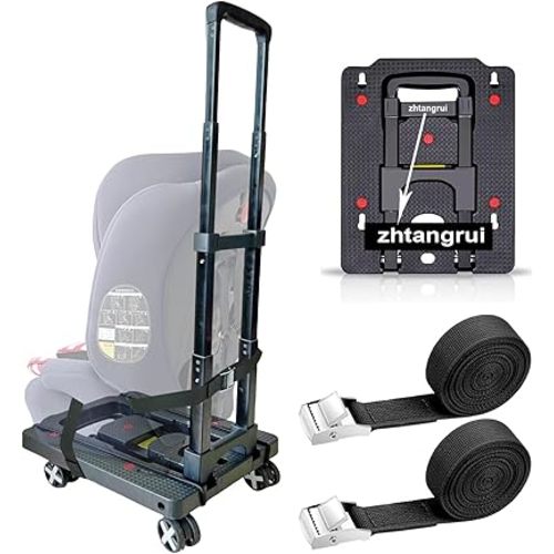 Car Seat Dolly for Airport - CarSeat Roller Cart Wheels for Airplane - Car Seat Travel Cart Carrier with Straps Foldable Luggage Trolley Folding Hand Truck (Black)
