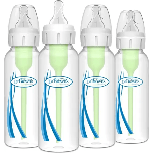 Dr. Brown's Natural Flow Anti-Colic Options+ Narrow Baby Bottle, 8 oz/250 mL, with Level 1 Slow Flow Nipples, 0m+, 4 Pack
