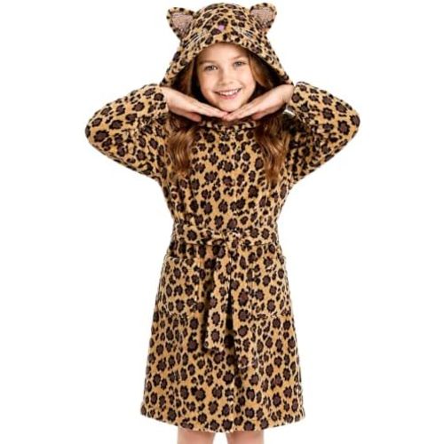 ACTLATI Leopard Cat Fleece Hooded Robe for Girls, Plush Bathrobe With Pockets for 3-12 Years Kids Birthday Gifts