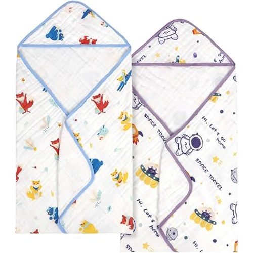 decalsweet Baby Bath Towels 100% Muslin Cotton Hooded Baby Towels 2 Pack Shower Gifts for Newborn, Infant, Toddler, Kids,Super Soft and Absorbent, Large 35x35Inches