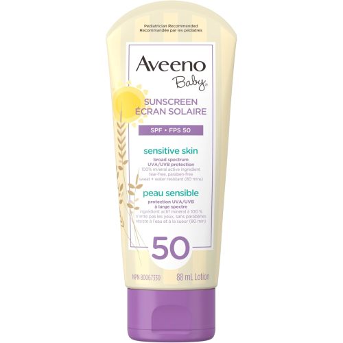 Aveeno Baby Lotion solaire minérale SPF 50 - Oxyde de zinc d'origine naturelle pour peaux sensibles - Résistant à l'eau - 88 ml