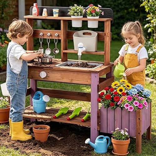 HONEY JOY Mud Kitchen with Planter Box and Running Water, Fir Wood Kids Potting Bench Mud Table, Water Tank & Gardening Tools Set, Sensory Outdoor Play Kitchen for Toddler Girls Boys(Purple)