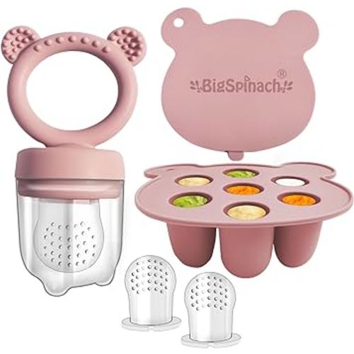 Silicone Freezer Tray and Baby Fruit Feeder Combo - Soothing Teething Relief and Food Storage Container for Babies (6 Months and Up) - Teether Toy (Pink)