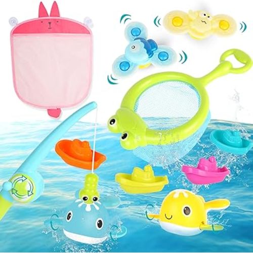 Bathtub Toys for Toddlers and Babies, Mold Free Bathtub Floating Fishing Toys, Bathtime Joy Ships Magnetic and Movable Whale with Storage Bags Swimming Pool Toys(10pcs)