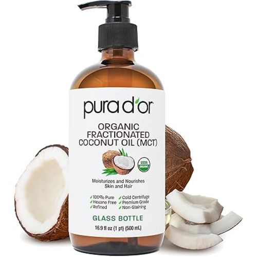 PURA D'OR 16.9 Oz ORGANIC Fractionated Coconut Oil (GLASS BOTTLE) USDA Certified MCT Oil – Therapeutic, Lightweight Moisturizer – Hexane Free Carrier Oil For Essential Oils, Massage – Face, Hair, Body