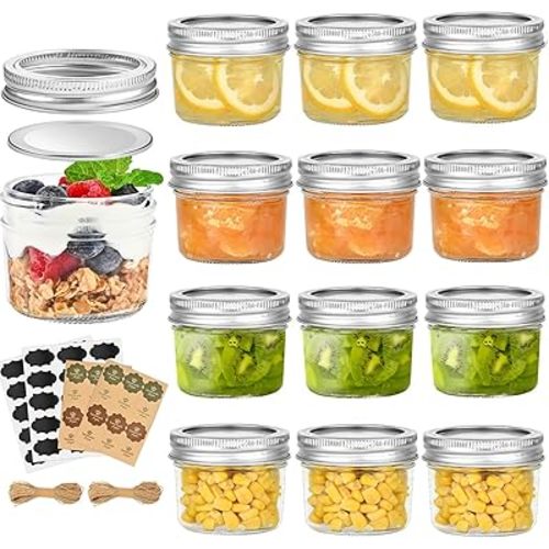 4 oz Mini Mason Jars with Lids 12 Pack, 4oz Small Glass Mason Canning Jars for Jam Jelly Yogurt Dessert, Shower Wedding Favors Decor