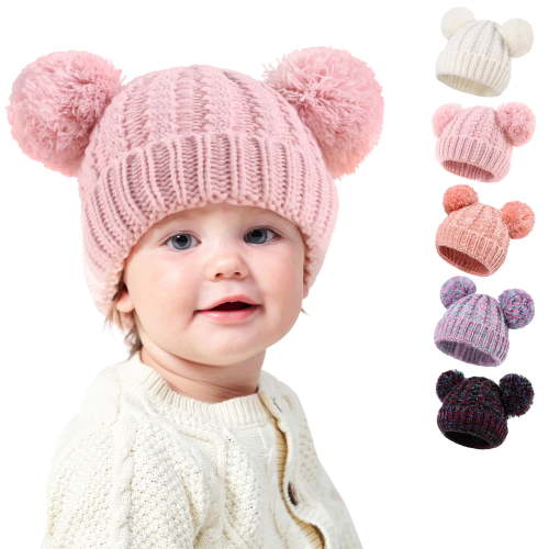 Baby Beanie Hat Double Pom Pom Toddler Beanies Knit Infant Winter Hat Caps for Boys Girls 1-3Y