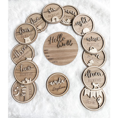 Baby Monthly Milestone, Woodland Animal Baby Decor, 3D Wooden Baby Disc, Milestone Marker, Baby Photo Prop, Hello World Birth Announcement