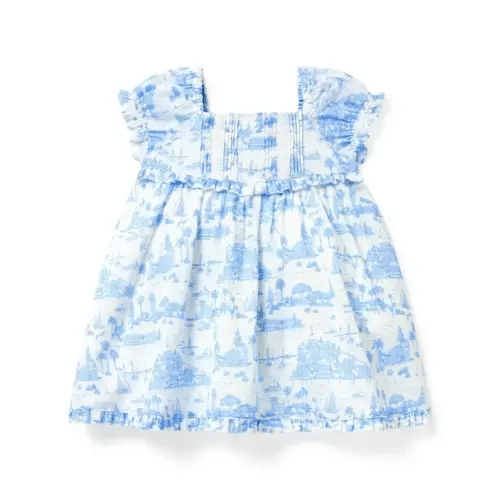 (3-6 months) Baby Icy Blue Island Toile Baby Island Toile Ruffle Dress by Janie and Jack