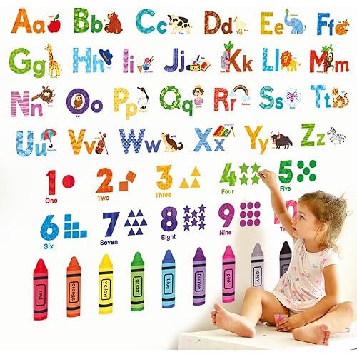 DECOWALL DS-8044 Animal Alphabet Numbers Colour Decals Stickers Kids Peel and Stick Removable for Room décor Letters ABC Classroom playroom Decorations Educational Bedroom Nursery