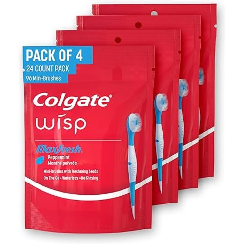 Colgate Max Fresh Wisp Disposable Mini Travel Toothbrushes, Peppermint, 24 Count (Pack of 4)