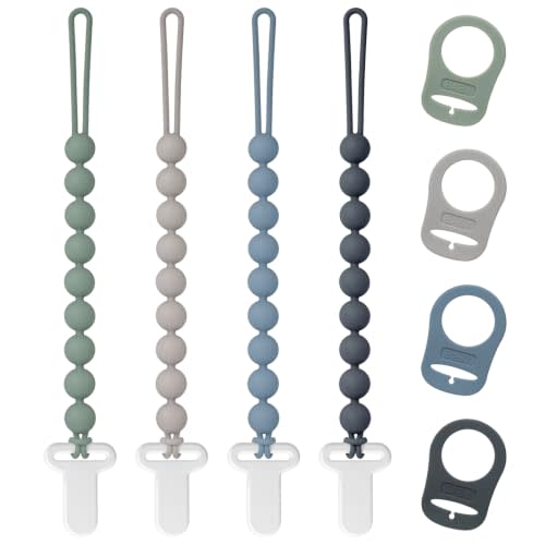 Pacifier Clips Silicone, 4-Pack Pacifier Holder Clip with Stylish Round Design and Adapter Ring for MAM Dummy, 100% Food Grade Silicone, Safe Essentials for Newborns Baby Boys and Girls