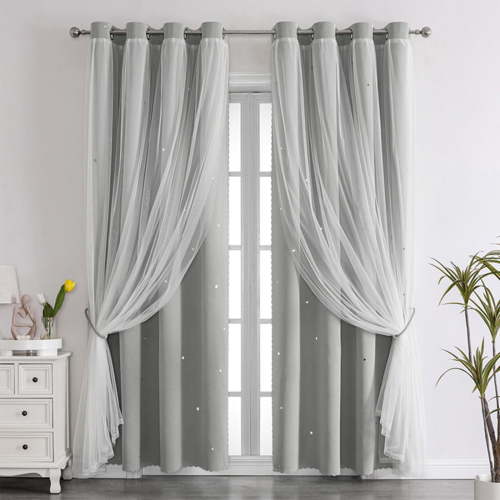 Double Layer Star Blackout Curtains, Thermal Insulated Window Drapes, Noise Reducing 2-in-1 Lace Panels, Light Blocking Fabric Curtains for Bedrooms, Living Rooms and Nursery Room Settings