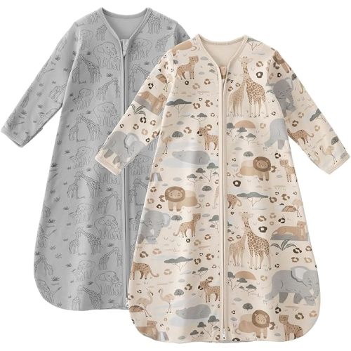 Baby Sleep Sack 0-6 Months 100% Cotton Long Sleeve Wearable Blanket Baby Sleep Bag with 2-Way Zipper 2 Pack 0.5 Tog Sleeping Sack for Newborn Infant Apricot Gray Elephant