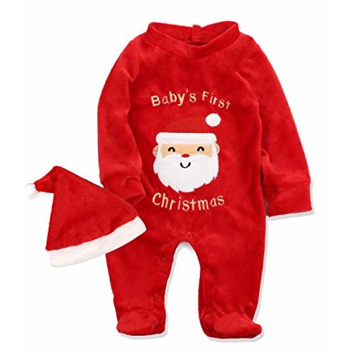 Von kilizo Baby Christmas Outfit My First Christmas Baby Girl Boy Outfit Footed Romper Santa Hat 2Pcs