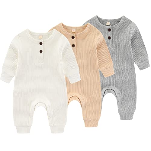 Newborn Baby Boys Girls One Piece Romper With Mitten Cuffs 3 Pack Long Sleeve Ribbed Button Jumpsuit Outfit Clothes