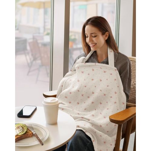 Blissful Diary Muslin Nursing Cover for Breastfeeding, Breathable Breastfeeding Cover up with Arch Neckline for Women, Nursing Apron (Pink Floral)