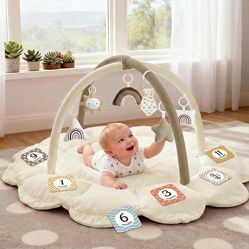 Mallify Gimnasio de juego 5 en 1 grueso y afelpado para bebés, tapetes de juego para el suelo, tapete para el tiempo boca abajo con 6 juguetes, desarrollo convertible basado en escenarios de bebés a niños pequeños, hoyo de pelotas, marrón