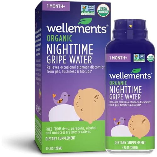 Wellements Organic Nighttime Gripe Water | Bedtime Relief for Baby Gas, Colic & Fussiness, Sleepy Time Herbs Promote a Peaceful Night’s Sleep*, USDA Certified Organic & Non GMO | 4 Fl Oz, 1 Month +