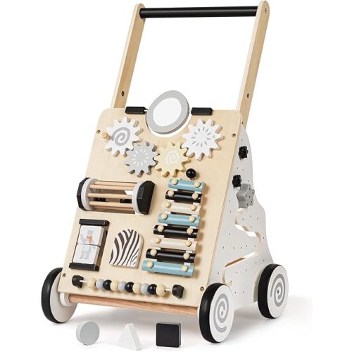 V-Opitos Baby Wooden Walkers, Height and Resistance Adjustable Push Walkers with Learning Activity Center, Baby Sit to Stand Walker Toys, Ideal Gifts for 6-12-18 Months Boy & Girl