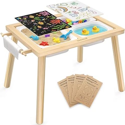Easyego Sensory Table for Toddlers Kids Play Wooden Sand Water Table with Double-Sided Board & Foldable Storage Bins for Indoor and Outdoor Use, Birthday Gifts for Boys and Girls-Natural Color