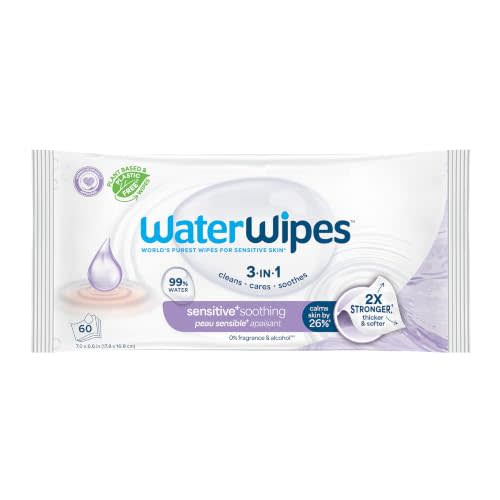 WaterWipes Sensitive+ Soothing Wipes, 3-In-1 Cleans, Cares, Soothes, 99% Water with Botanical Extract, Unscented & Hypoallergenic Baby Wipes, 60 Count (1 Pack)