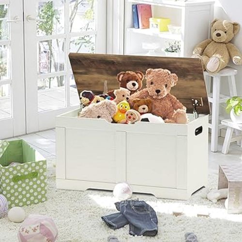 31.5" Storage Chest, Wooden Storage Bench, Lift Top Toy Chest with 2 Safety Hinges, Large Toy Box, Entryway Shoes Bench for Living Room, Bedroom, Brown and Rustic White