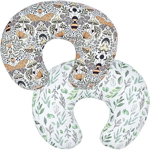 2 Pack Baby Nursing Pillow Cover Newborn U-Shaped Breastfeeding Pillowcase Cushion Cover Stretchy Replaceable Forest&Floral Pillow Cover Slipcover 22.5x21