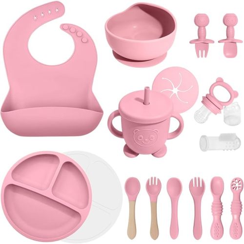 Silicone Baby Feeding Utensils Set for 6+ Months, 17 Pcs, Pink | Baby Led Weaning Supplies with Suction Plates & Bowls, Adjustable Bib, Spoons and Forks, Sippy Cup, Baby Essentials, BPA-Free