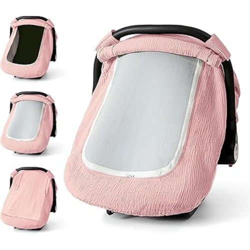 Muslin Cotton Car Seat Cover Baby, Universal Fit Carseat Covers for Baby, Infant Car Seats Cover with Mesh Peep Window, for Carrier, Stroller, High Chair, Shopping Cart (Pink)