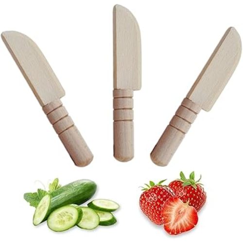 3 PCS Wooden Kids Safe Cutting Knife, Children's Kitchen Tools for Cooking, Veggies, Fruits, Salad, Cake (For 2-10 Years Old)
