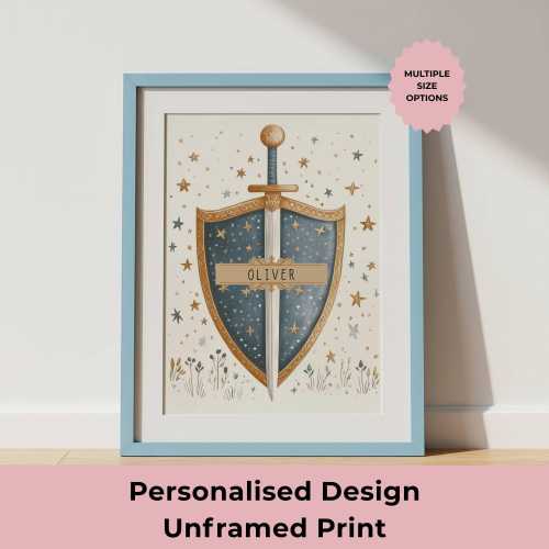Personalized Knight Nursery Print | Sword and Shield Wall Art